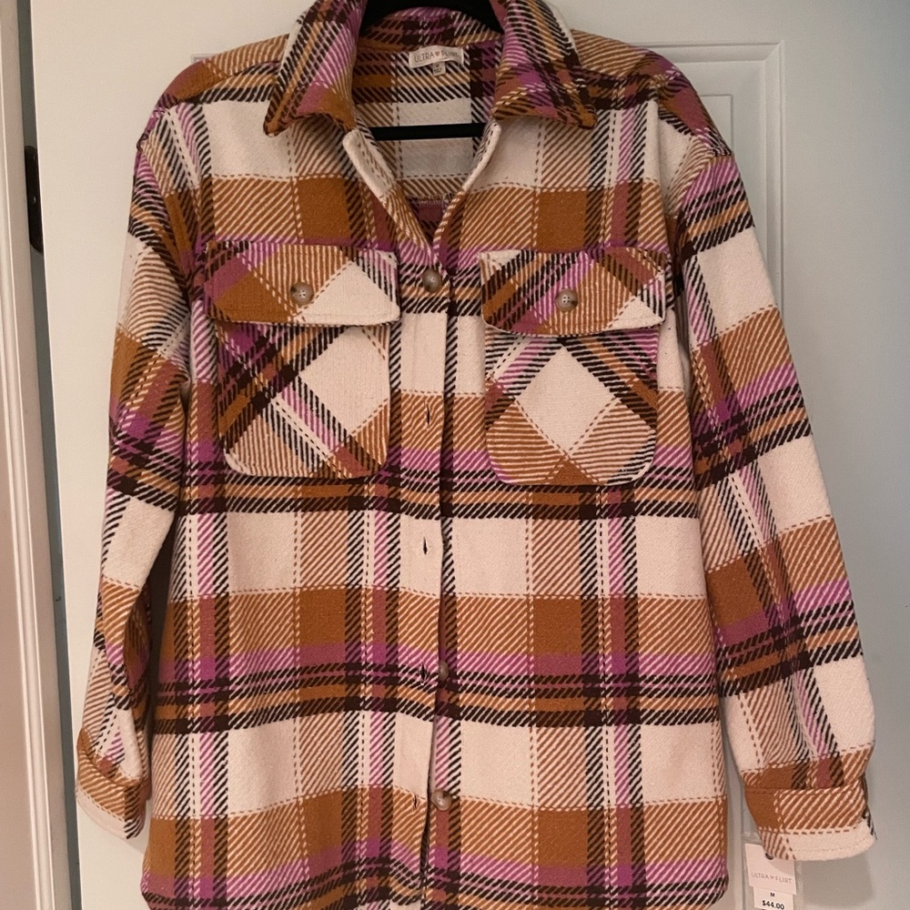 Mustard, brown, and purple shacket! Perfect for fall